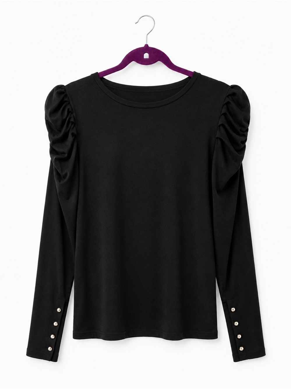Women's Black Long-Sleeve Puff Sleeve Top with Button Cuff Detail